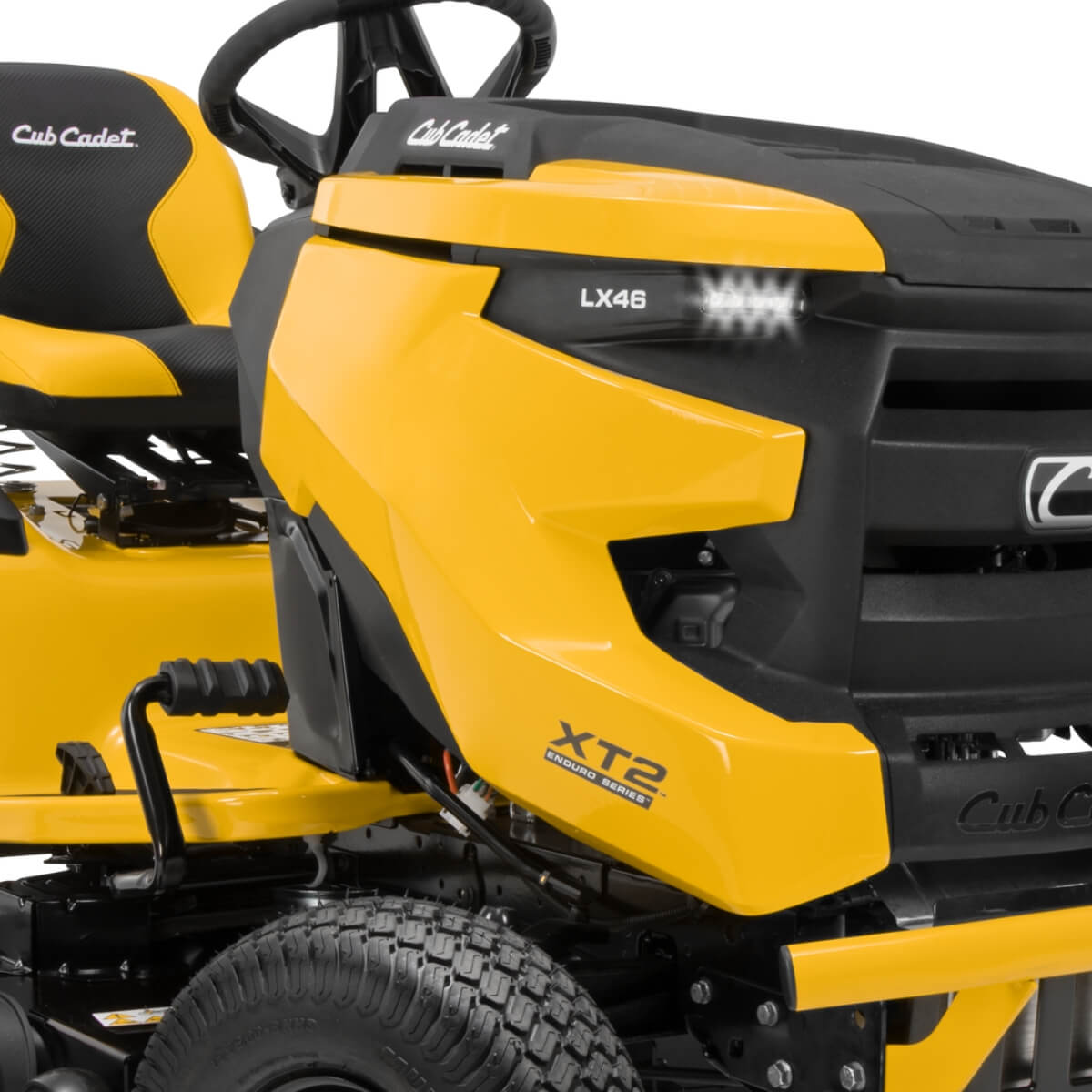 Yellow XT2 LX 46 Cub Cadet ride on lawn mower with black accents on a white background