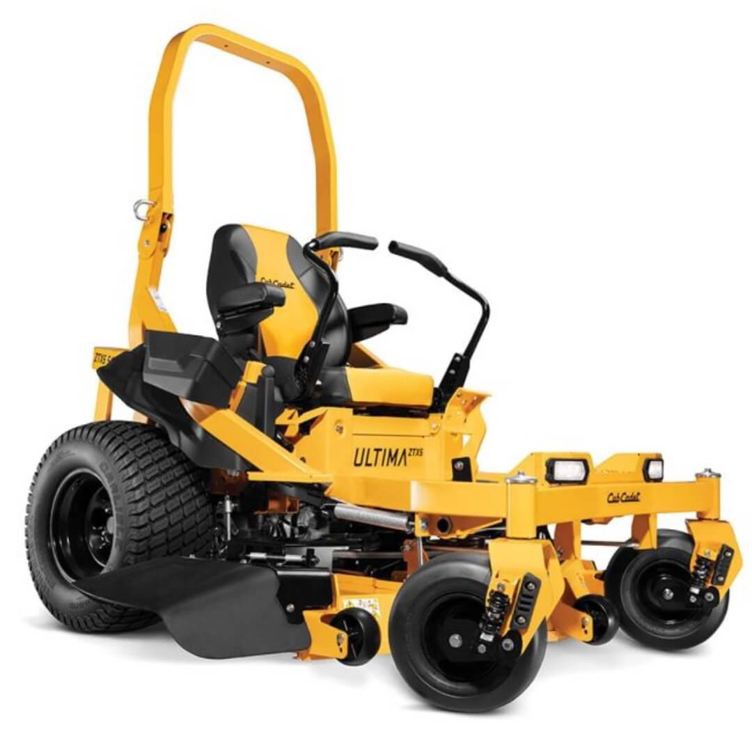 Yellow zero-turn lawn mower with 'Ultima' branding on a white background