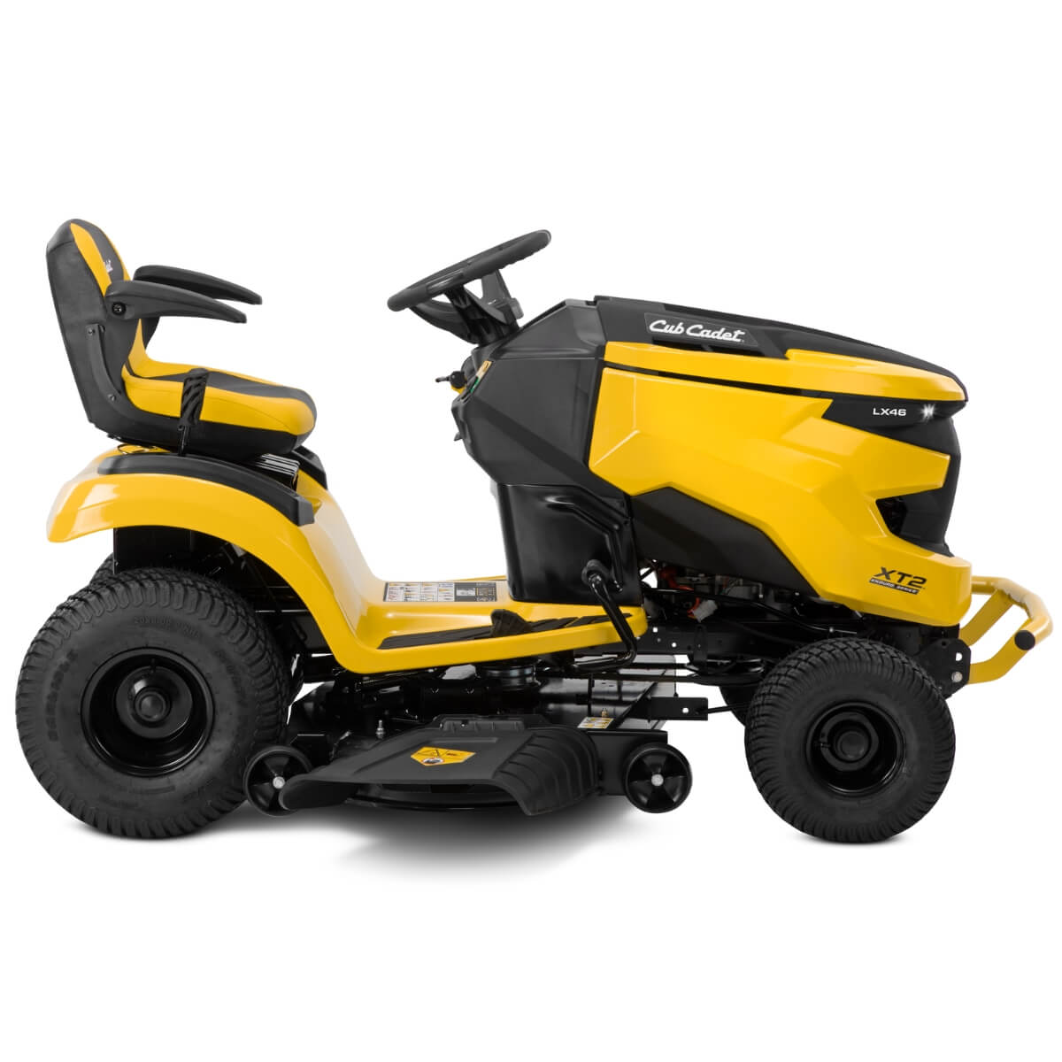 Yellow and black XT2 Cub Cadet lawn tractor on a white background showing the side view