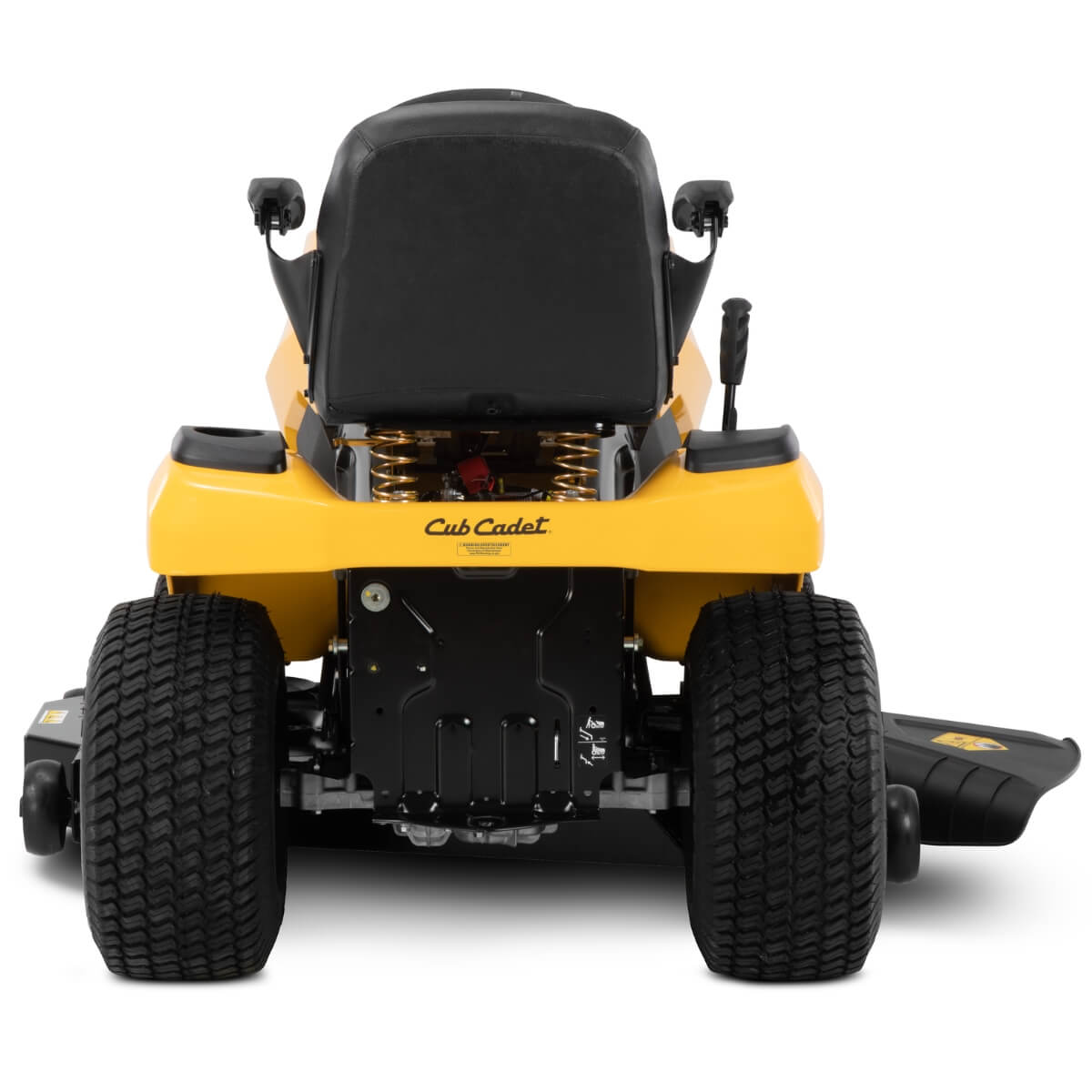 A rear view of the yellow Cub Cadet LX XT2 ride on lawn mower with large tyres and tread on a white background