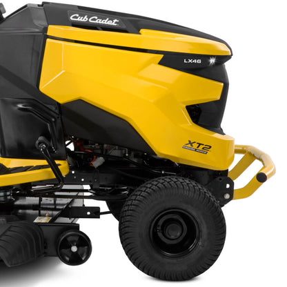 Detailed close up photograph of the yellow and black Cub Cadet XT2 ride on lawn mower on a white background