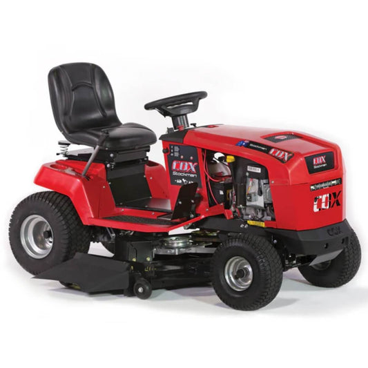 Red riding lawn mower with black seat on a white background