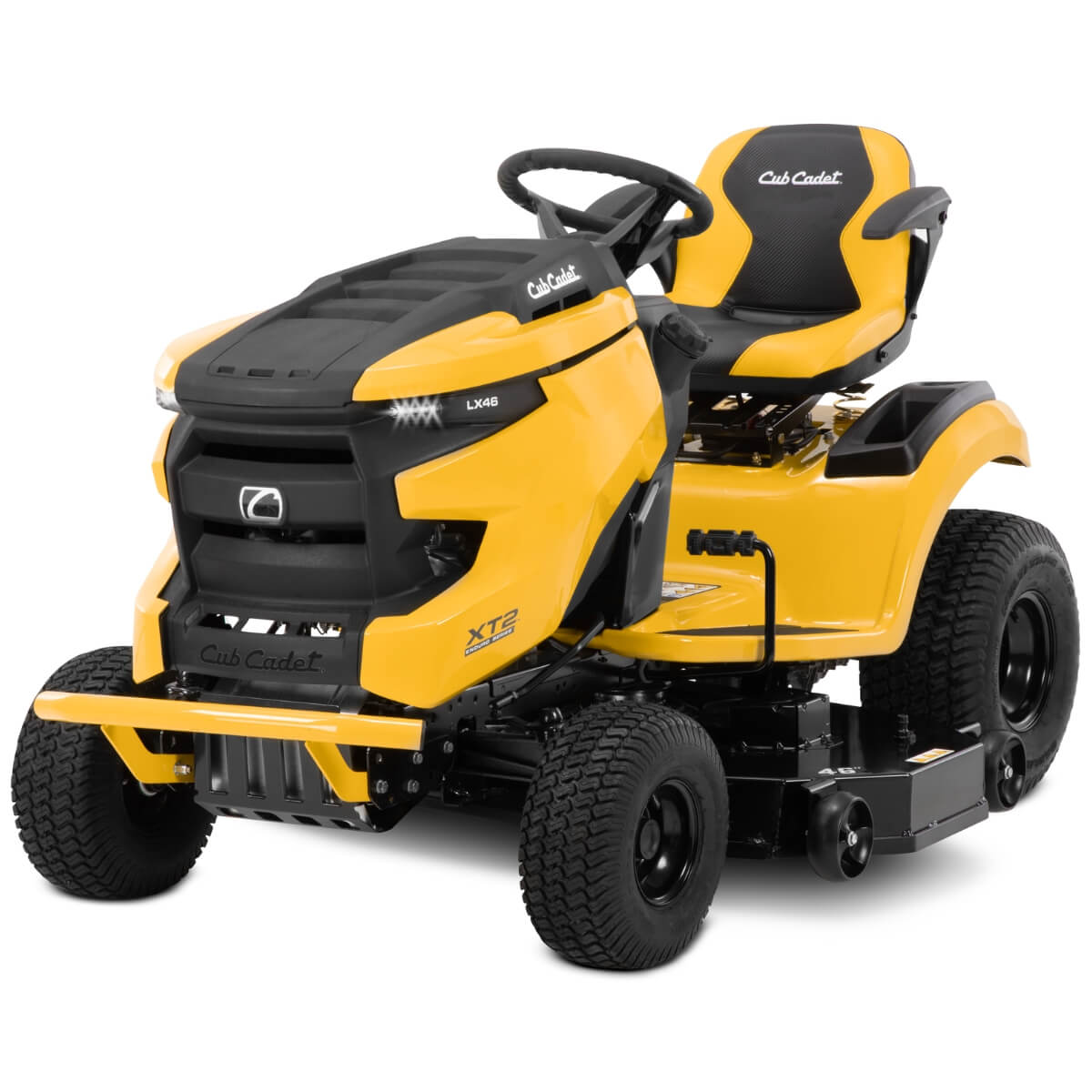 Side view of the yellow Cub Cadet LX 46 XT2 ride on lawn mower with black seat on a white background