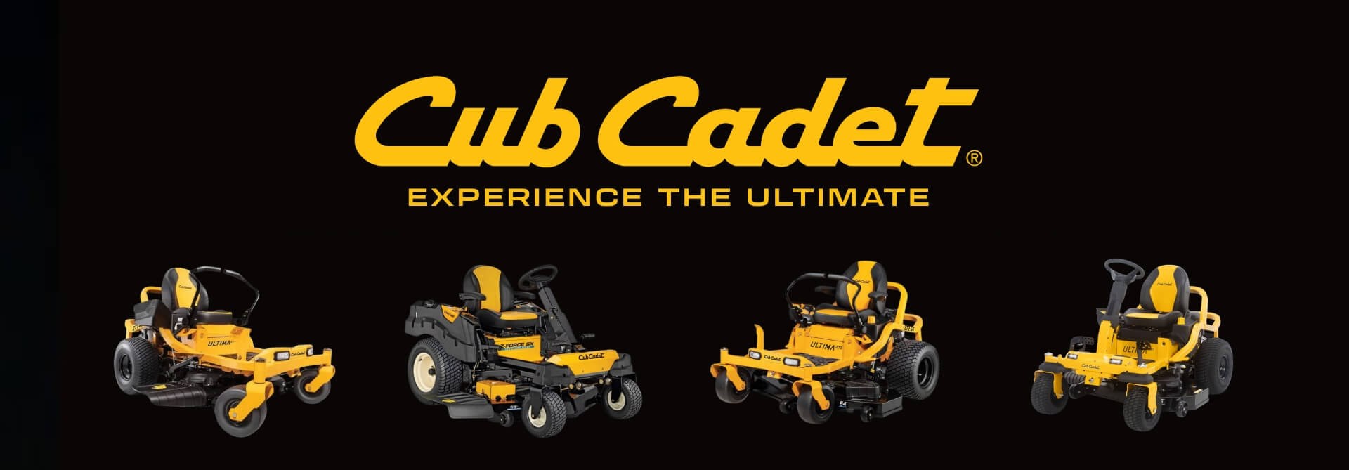 Cub Cadet ride on lawn mowers displayed with the brand name on a black background