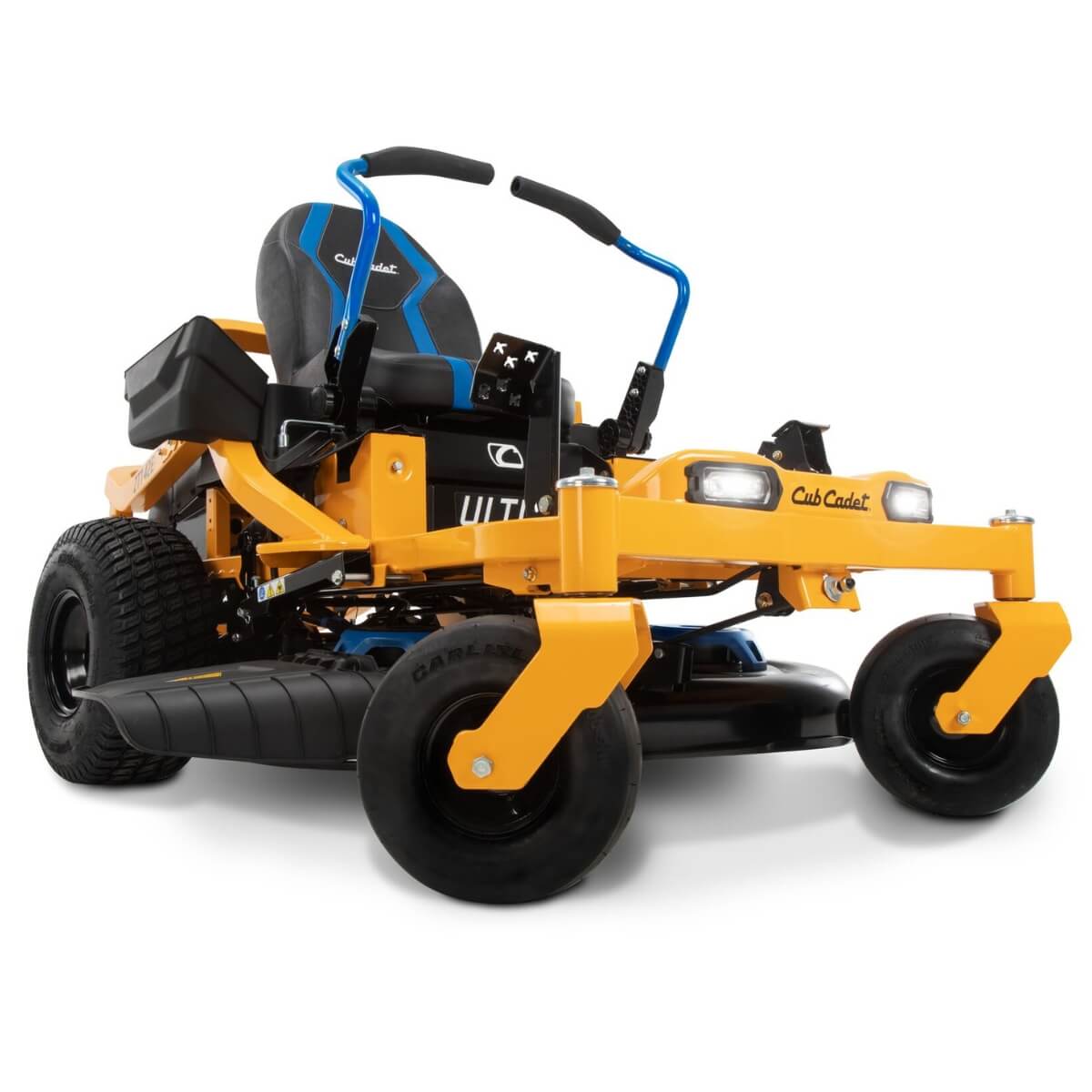 A low front view of the electric ride on mower by Cub Cadet