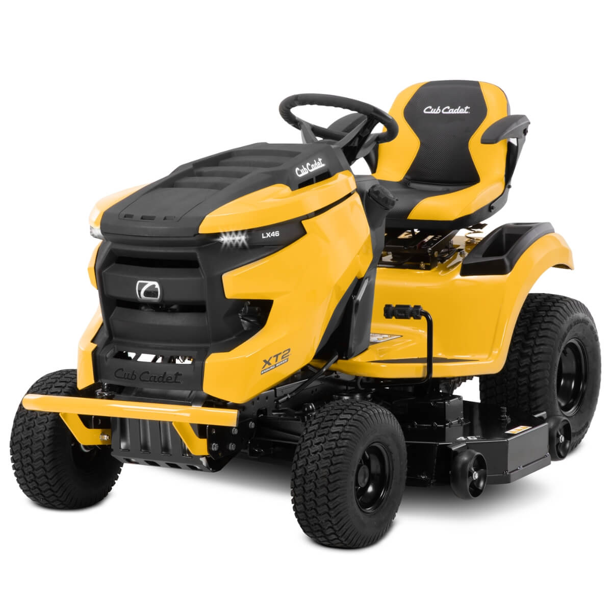 Yellow 46 inch wide cutting deck of the Cub Cadet ride on lawn mower on a white background
