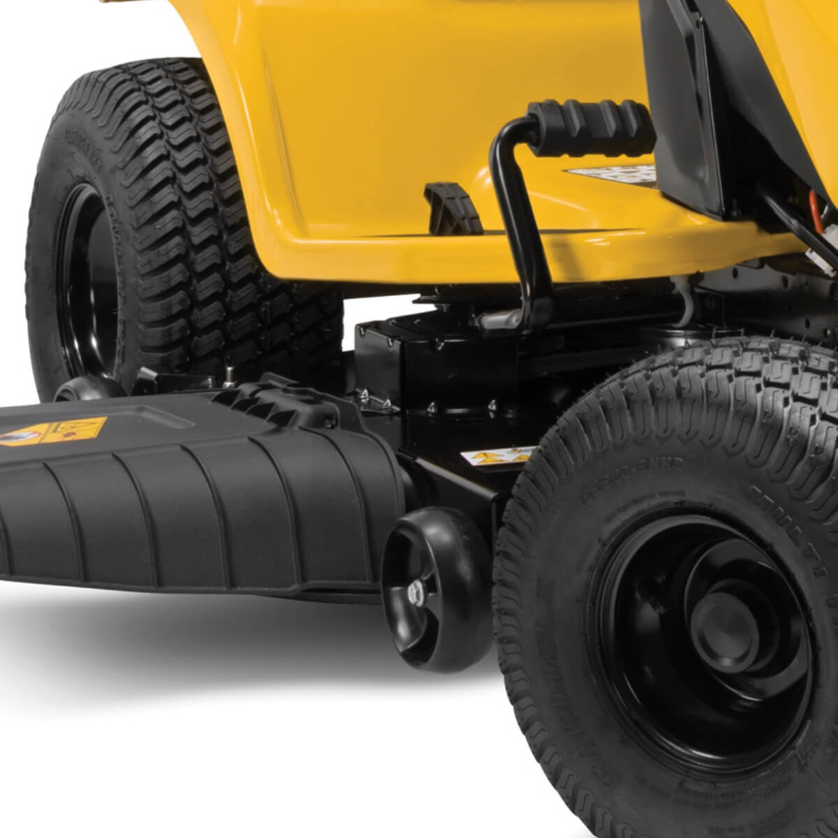 Close-up of a yellow lawn Cub Cadet LX XT2 mower with black tires on a white background