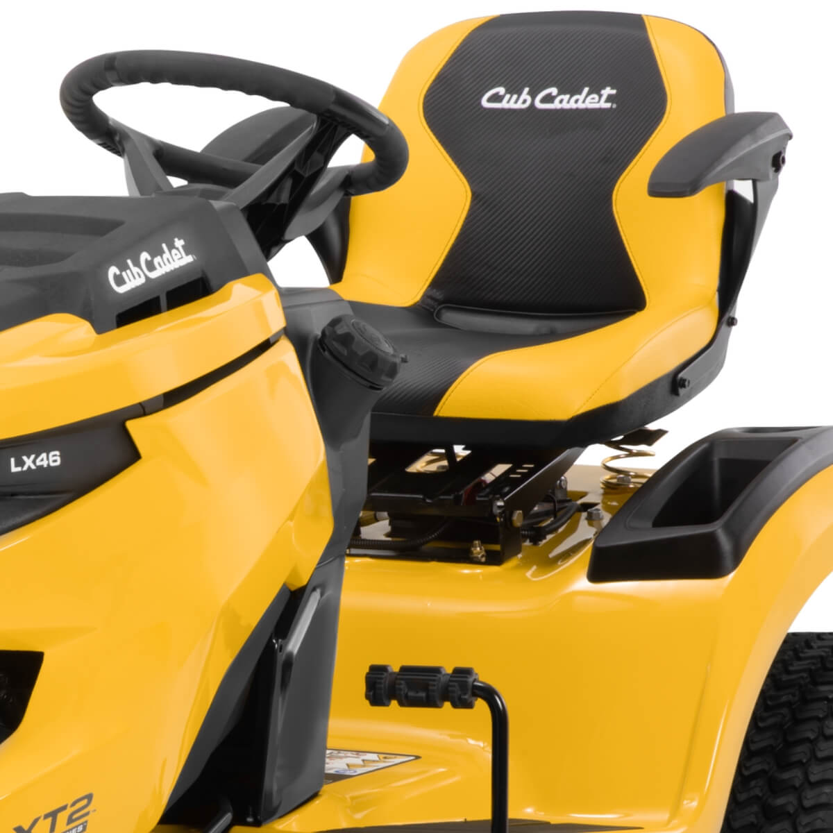 Yellow ZT2 Cub Cadet LX 46 lawn tractor with black seat and steering wheel on a white background