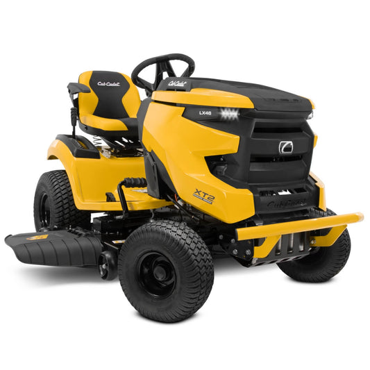 The LX 46 XT2 yellow and black Cub Cadet ride on lawn mower on a white background shown from the front left hand side