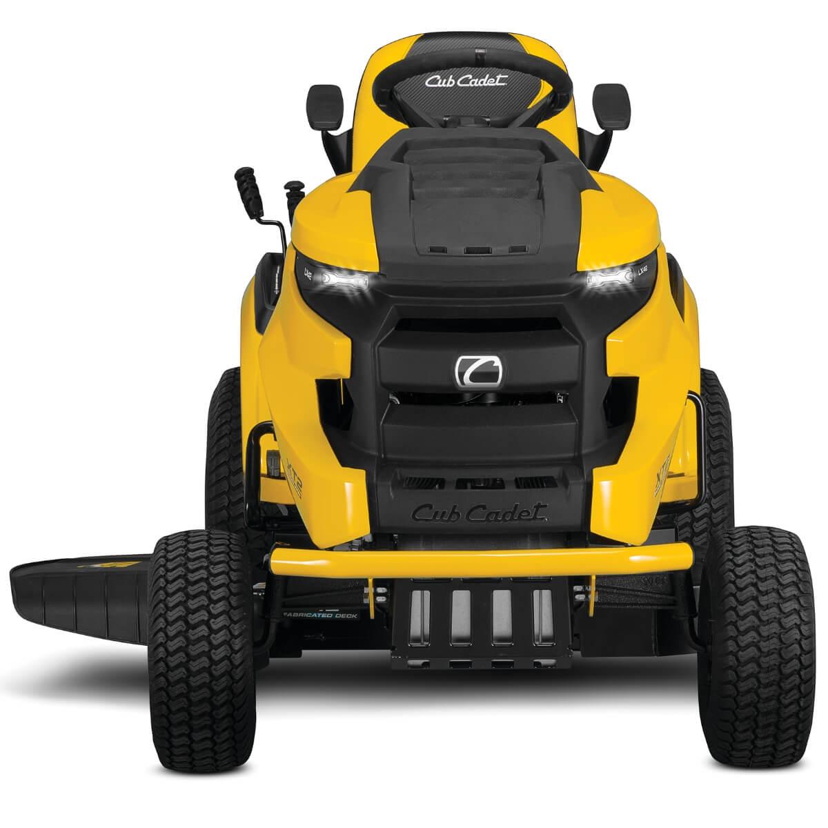 Yellow XT2 Cub Cadet riding lawn mower on a white background wtih teh view from the front showing the 32 inch width of the machine
