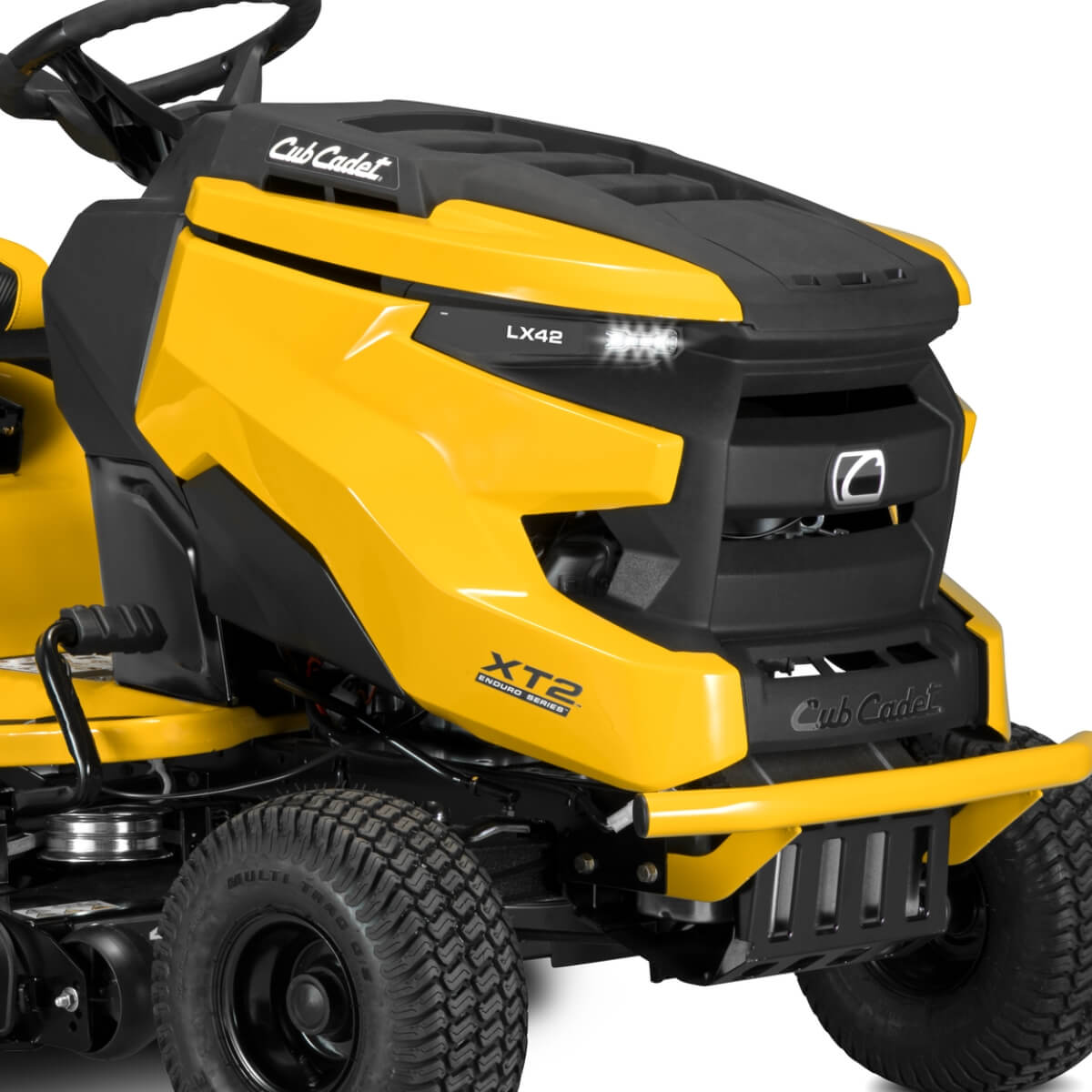 Close up view from the side showing the XT2 LX42 Cub Cadet
