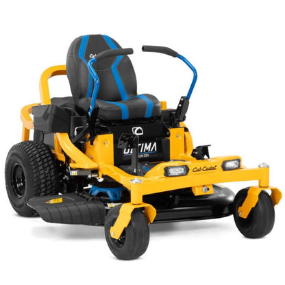 Yellow and black lithium battery powered electric zero-turn lawn mower on a white background