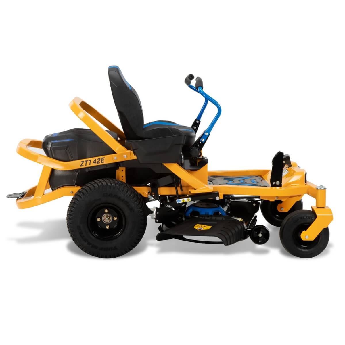 Side profile of the yellow blue and black ZT1 42E electric zero-turn ride on mower on a white background with lap bar steering.