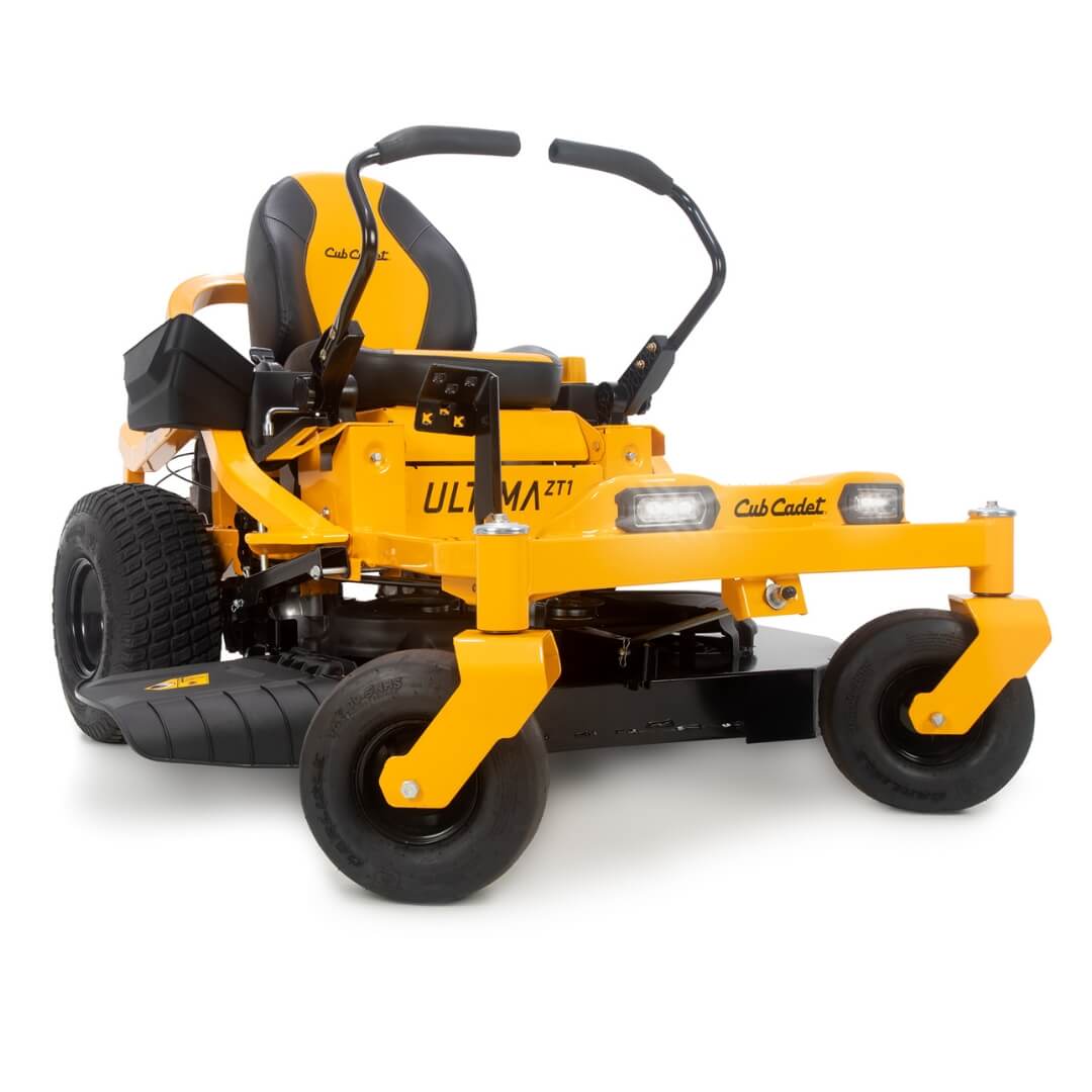 Yellow Cub Cadet zero-turn lawn mower on a white background