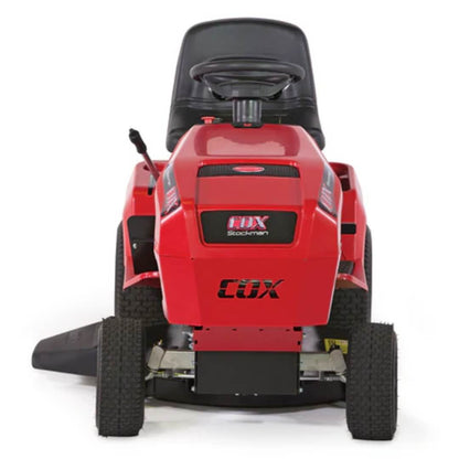 Red riding lawn mower with 'COX' branding on a white background