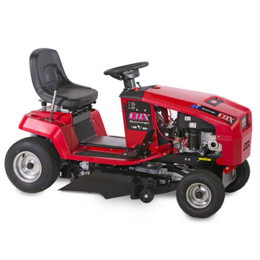 Red riding lawn mower on a white background
