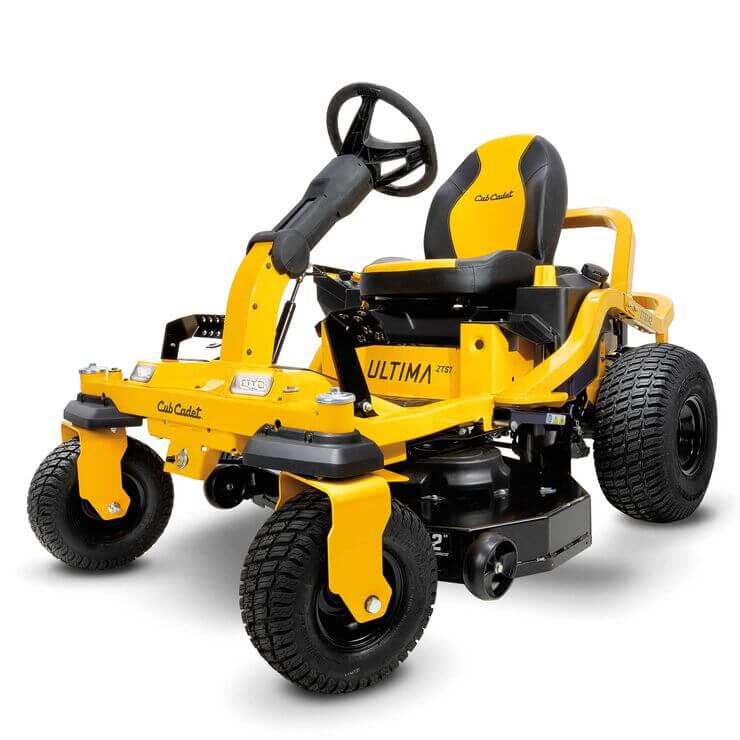 Yellow Cub Cadet zero-turn lawn mower on a white background