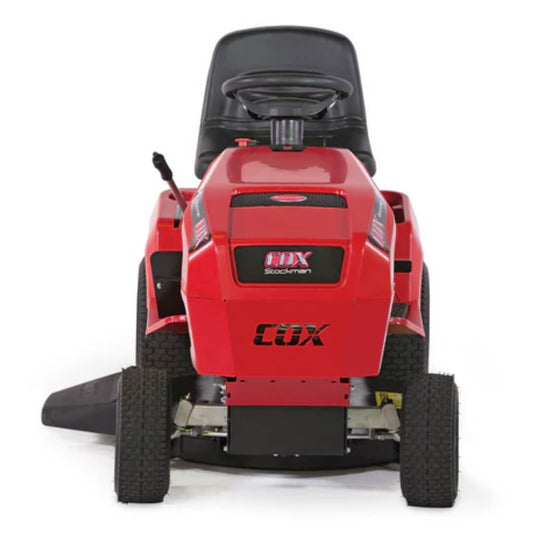 Red riding lawn mower with 'COX' branding on a white background