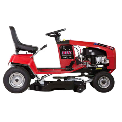 Red riding lawn mower on a white background