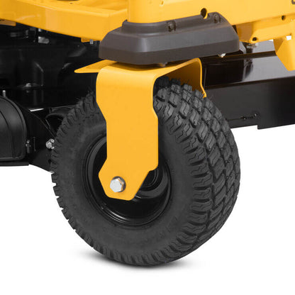 Close-up of a yellow lawn mower wheel and turf tread on a white background