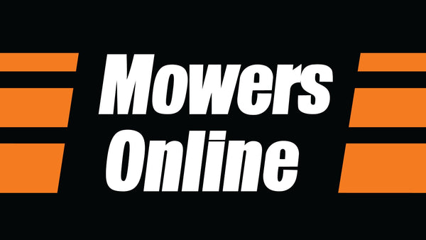 Logo for 'Mowers Online' with orange stripes on a black background