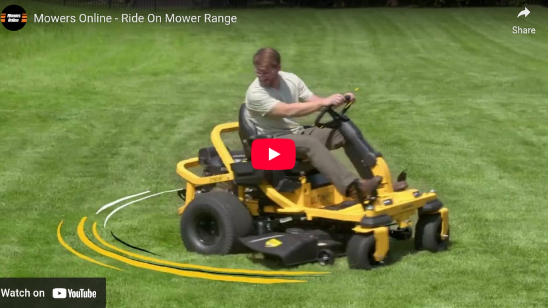 Load video: Mowers Online range demonstration of ride on mowers brands in action mowing lawns. Voice over that communicates trusted and quality brands, delivery and expert advice.