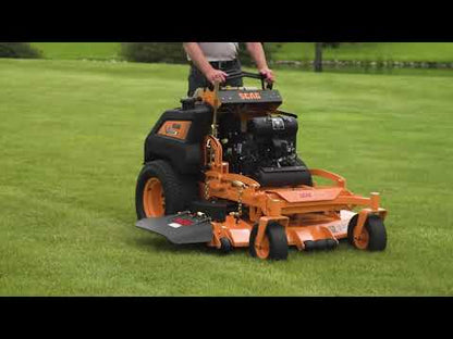 Man mowing lawn and demonstrating how to use the Scag V Ride II mower