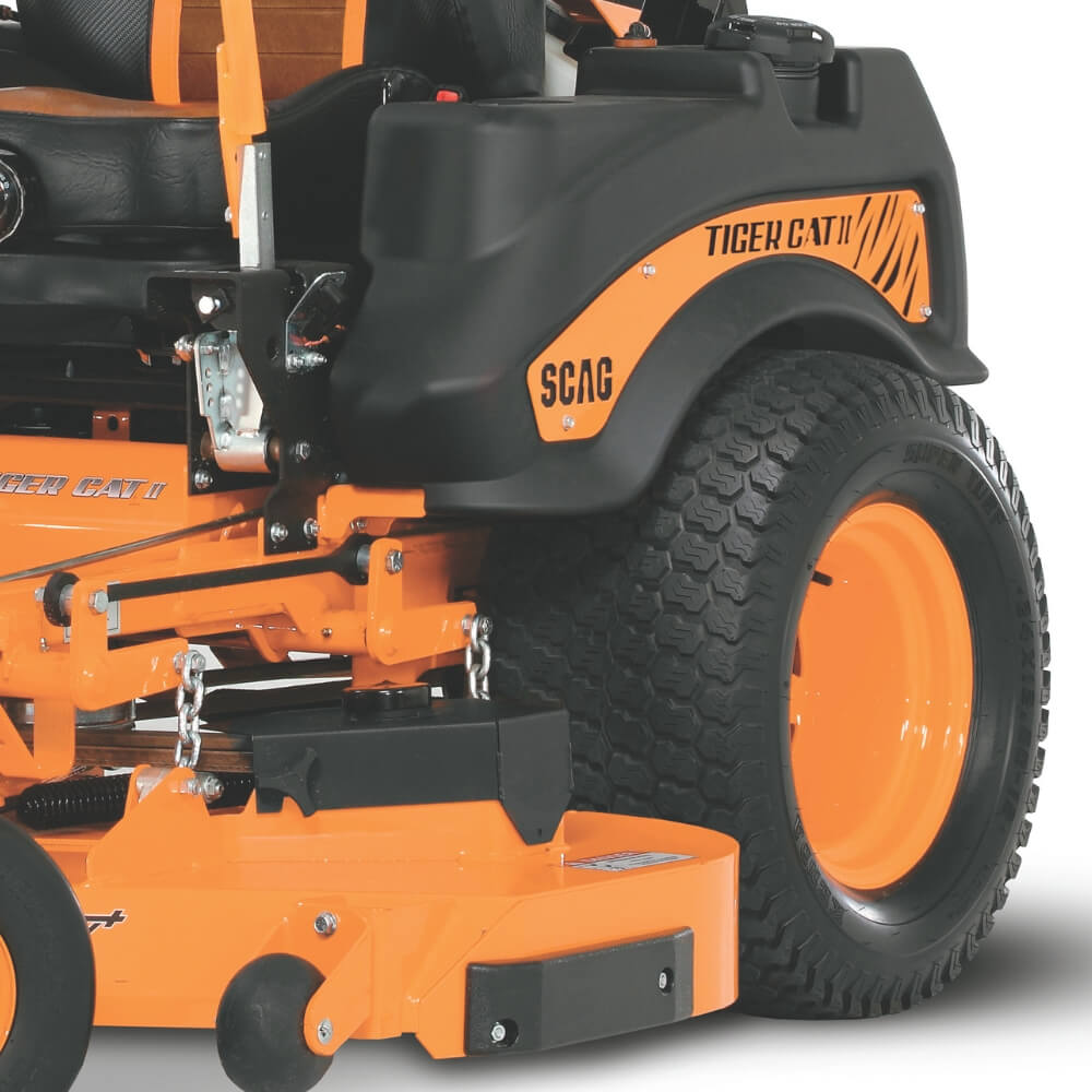 Load video: Side profile of the SCAG Tiger Cat ride on mower, a powerful machine