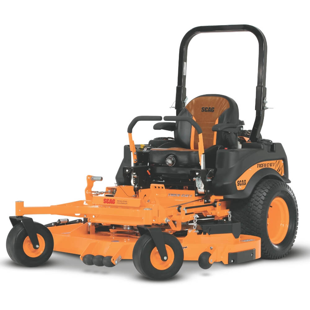 Orange and black SCAG riding lawn mower on a white background