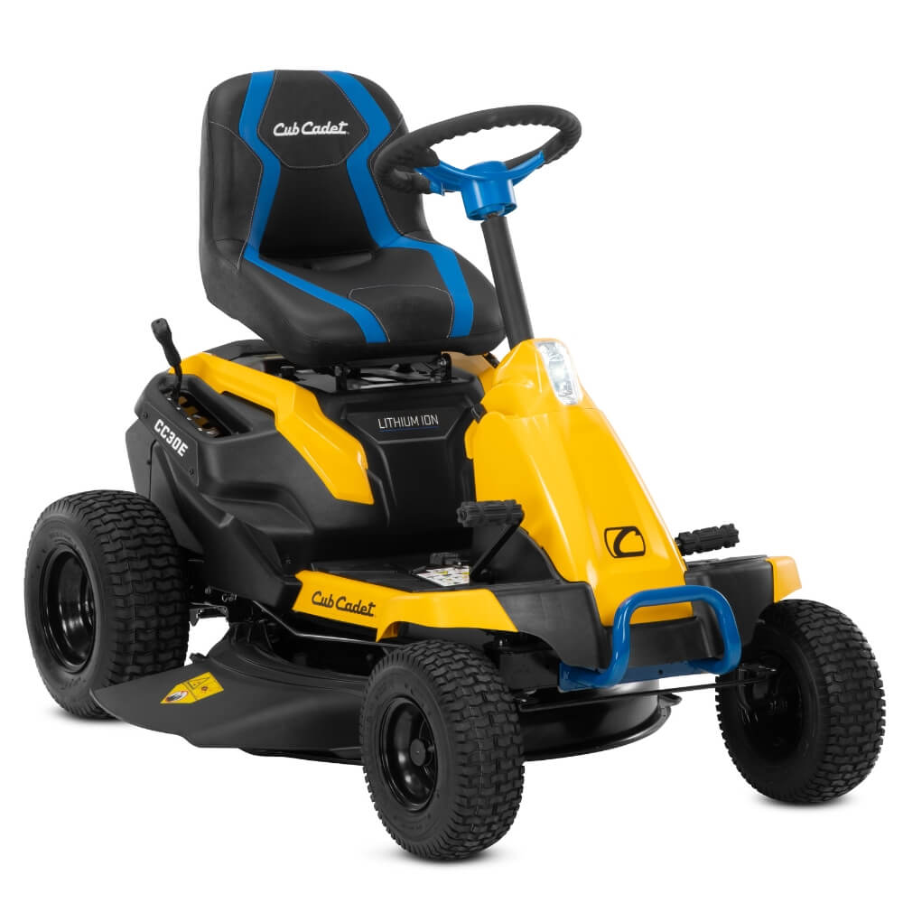 Yellow and black Cub Cadet CC 30E electric riding lawn mower on a white background