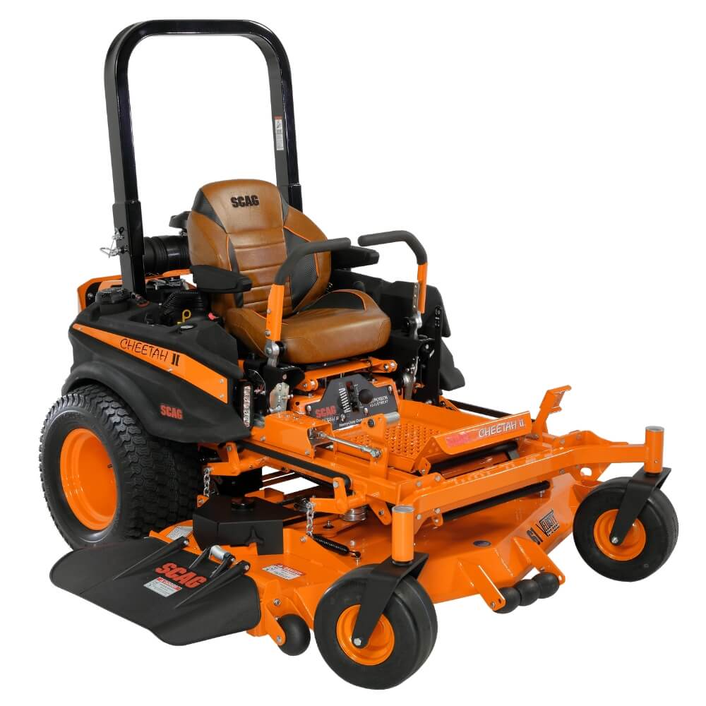 SCAG Cheetah II range and black SCAG riding lawn mower on a white background