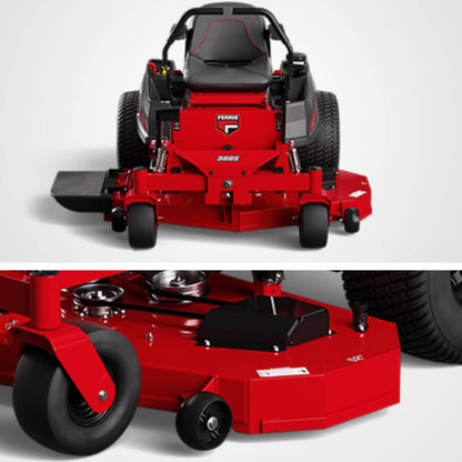 Red riding lawn mower with close-up of deck on a gray background
