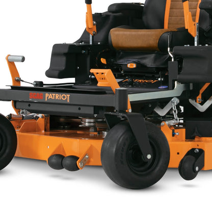 Orange and black Scag Patriot zero-turn lawn mower with 52 inch fabricated steel cutting deck on a white background