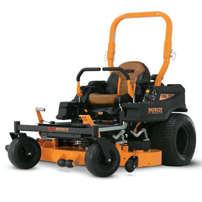 Orange and black SCAG Patriot zero-turn lawn mower with roll over bar on a white background
