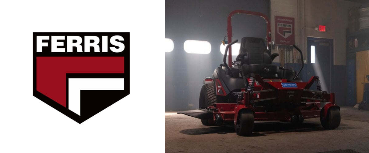 Banner with a Ferris logo on white background, on the left a red Ferris ride on mower parked in a dark garage.