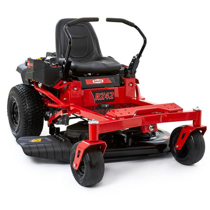 Red riding lawn mower on a white background