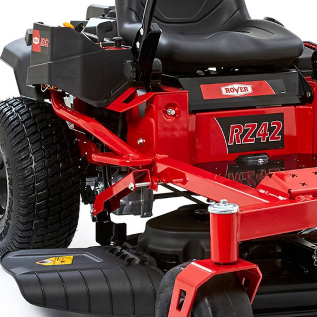 Red riding lawn mower with 'Rover' branding on a white background