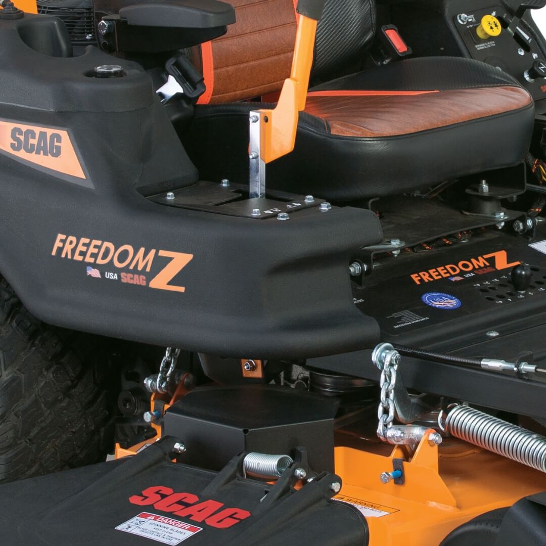 Close-up of a SCAG Freedom Z lawn mower with visible branding.