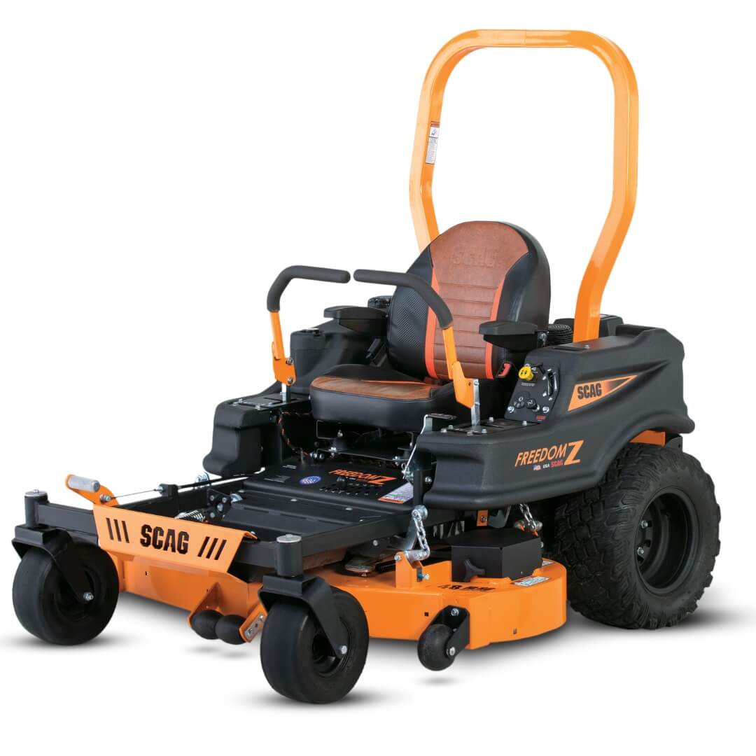Orange and black SCAG zero-turn lawn mower on a white background