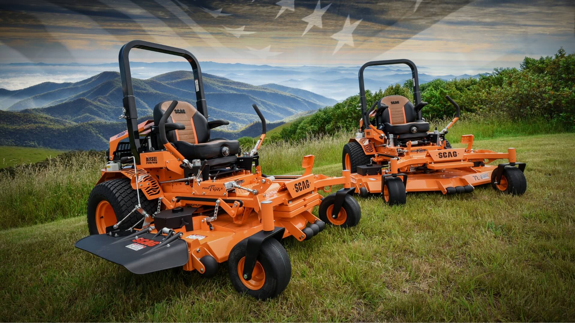 Graphic showing two SCAG orange and black zero turn ride on mowers on grass with hills and mountains in background.