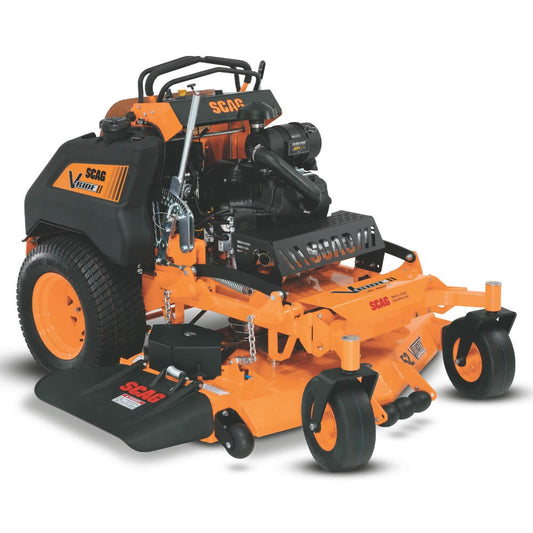 Orange and black SCAG lawn mower on a white background