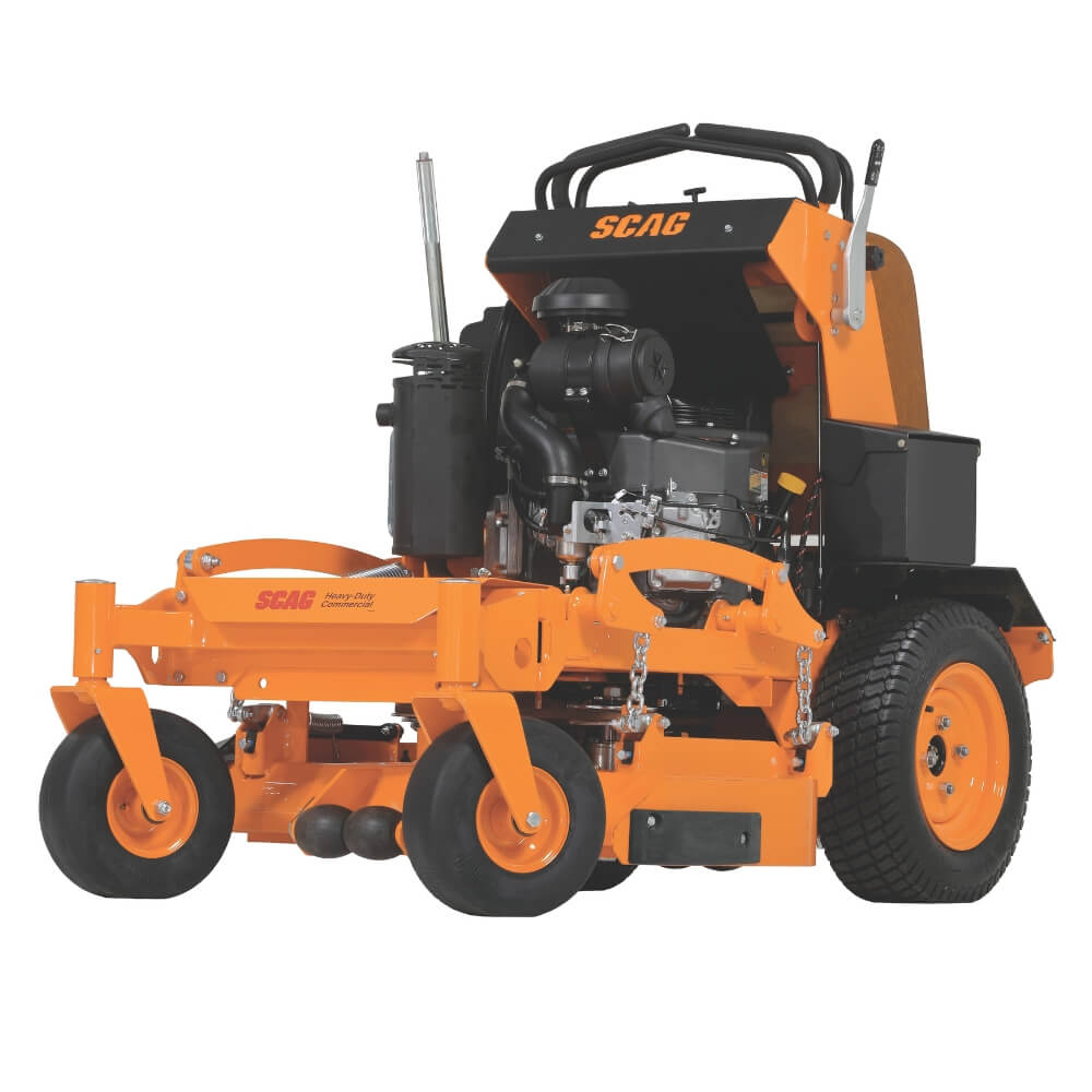Orange SCAG lawn mower on a white background