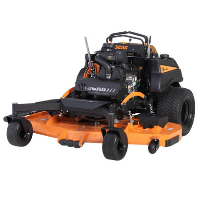 Product shot of a standing mower showing the engine, front wheels, cutting deck and large rear tires.