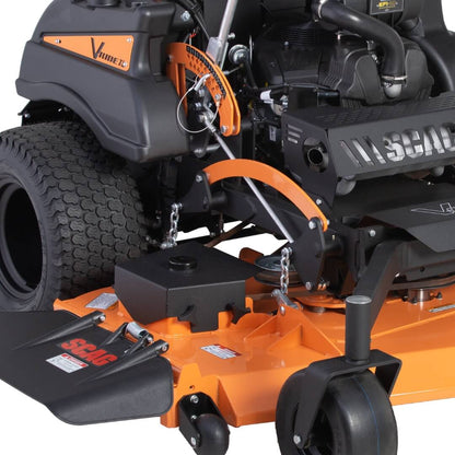 Close-up of a lawn mower with visible branding on an orange and black background