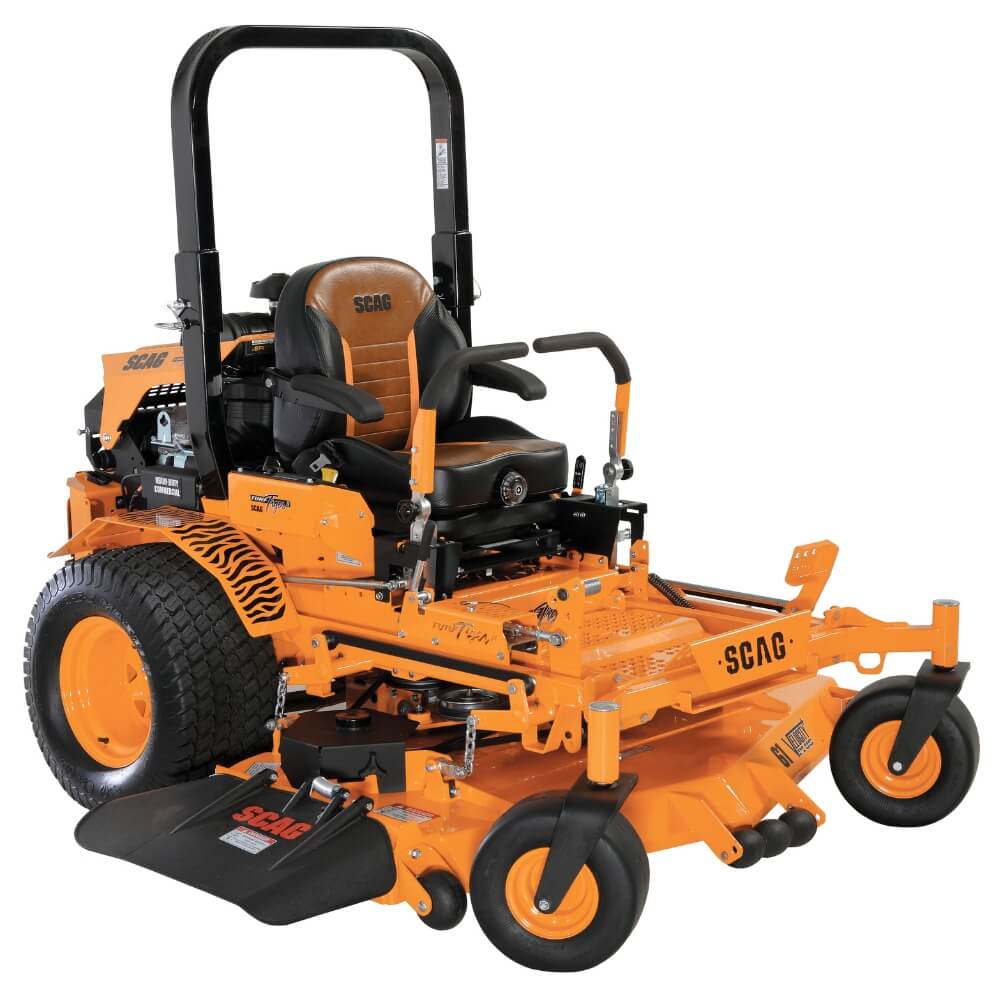 Orange SCAG zero-turn lawn mower on a white background