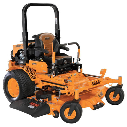 Orange SCAG zero-turn lawn mower on a white background