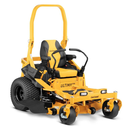Yellow Cub Cadet zero-turn lawn mower on a white background